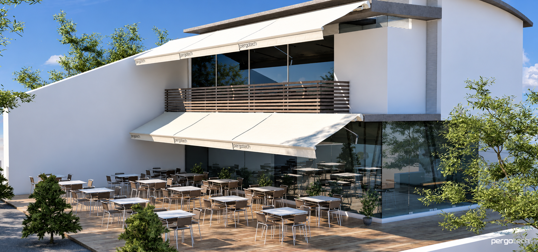 Terrasse contemporaine protégée par des stores bannes Pergotech